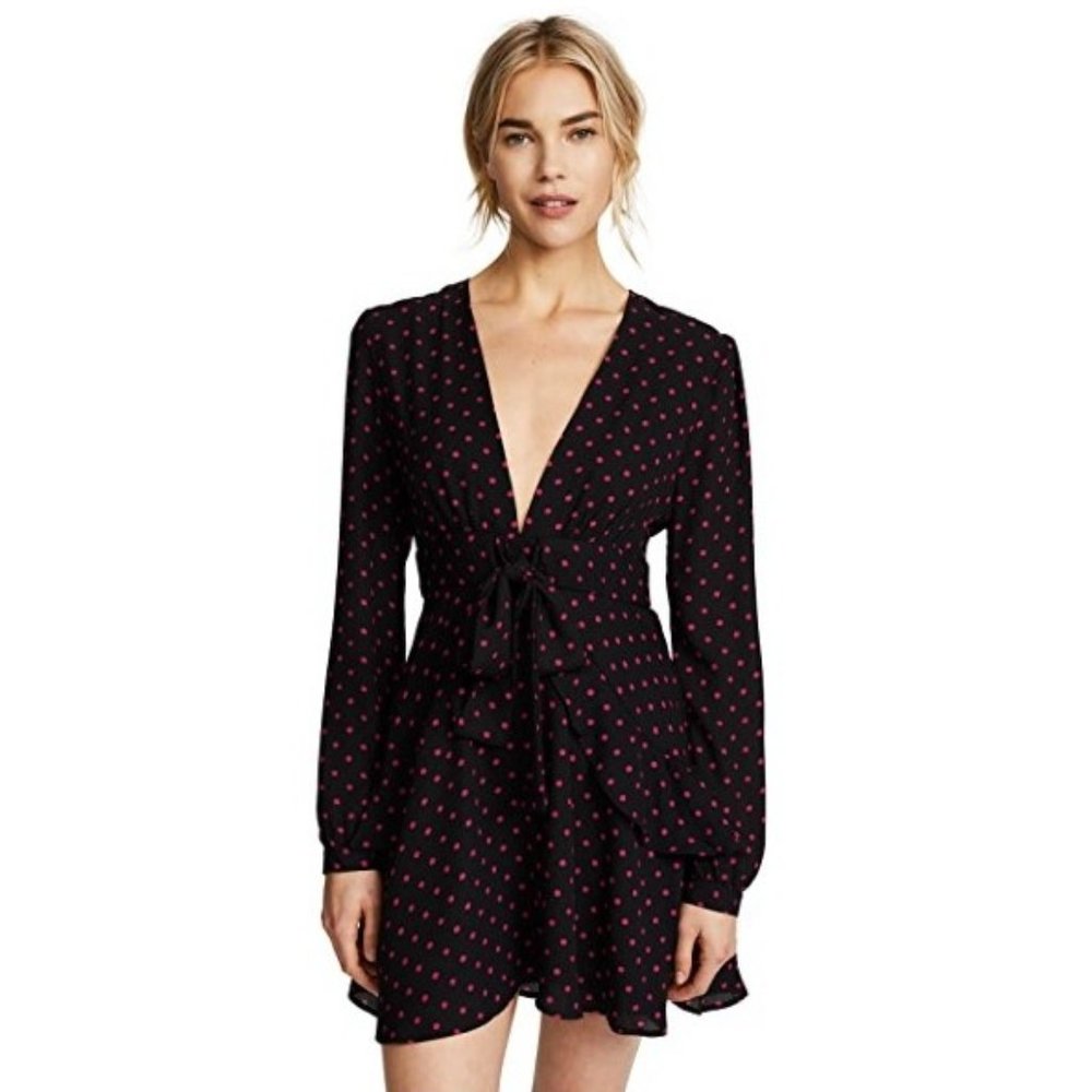 WAYF ROLAND BLACK PINK POLKA DOT LONG SLEEVE MINI DRESS XS NWT